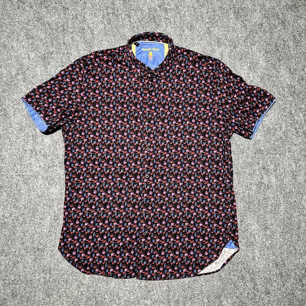 Luchiano Visconti Black Button Up Shirt Men XL Short Sleeve Drink Cocktail AOP
